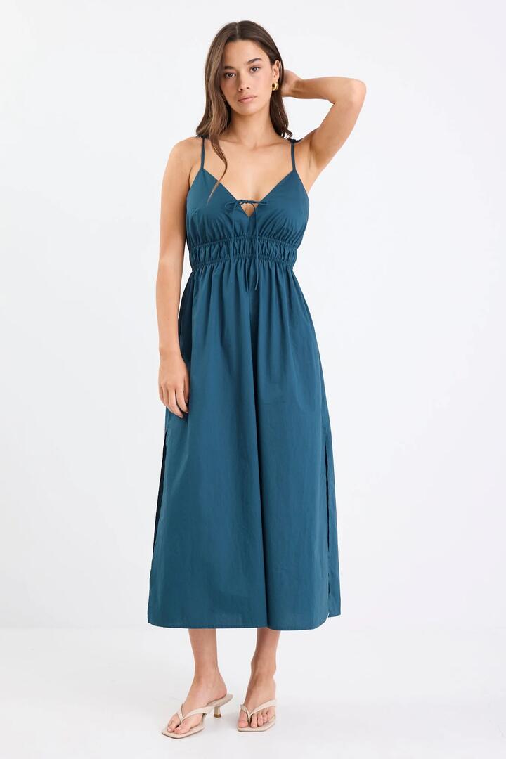 Among the Brave Cast Petrol Cotton Strappy Midi Dress