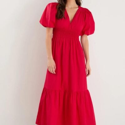 Among the Brave Circa Cherry SS Deep V Midi Dress