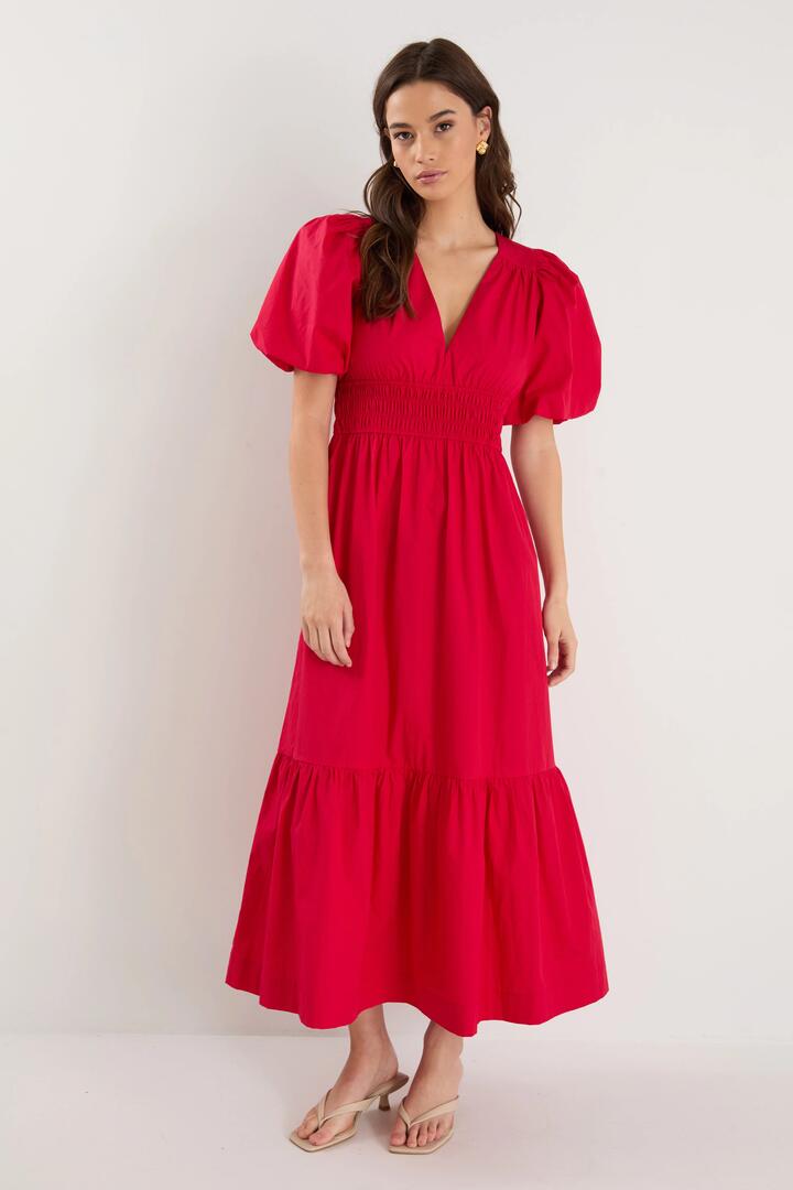 Among the Brave Circa Cherry SS Deep V Midi Dress