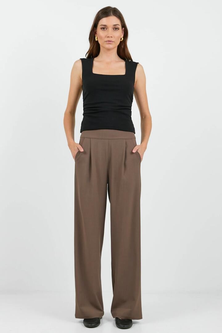 Among the Brave Instinctive Chocolate Twill Wide Leg Elastic Back Pants