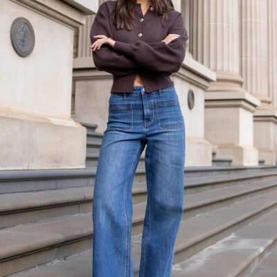 Among the Brave Zoey Marine Blue High Rise Wide Leg Pocket Jean