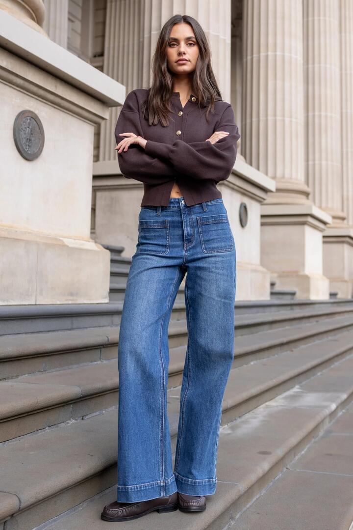 Among the Brave Zoey Marine Blue High Rise Wide Leg Pocket Jean