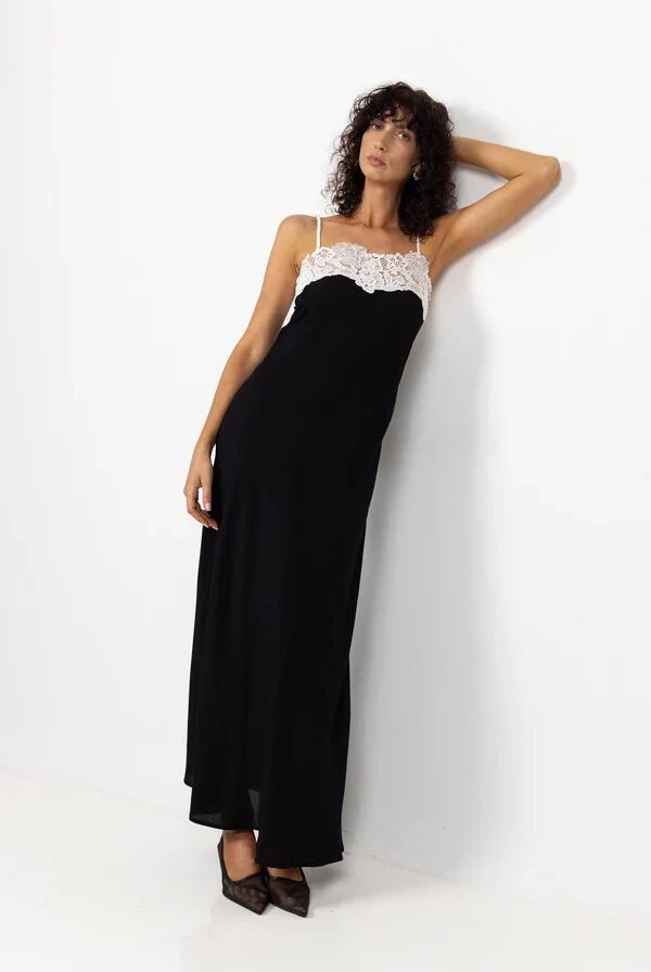 Blak Aria Black Ivory Lace Strappy Maxi Dress