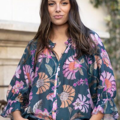 By Rosa. Encounter Petrol Scarf Print SS Gathered Button Front Top