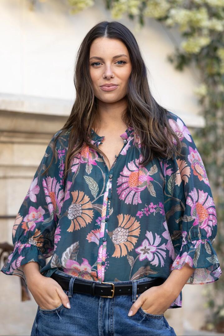 By Rosa. Encounter Petrol Scarf Print SS Gathered Button Front Top
