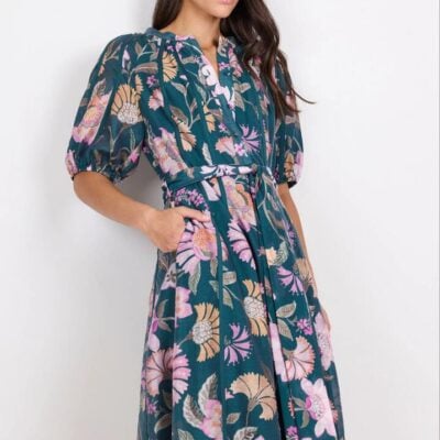 By Rosa. Intuition Petrol Scarf Print Puff Sleeve Maxi Shirt Dress