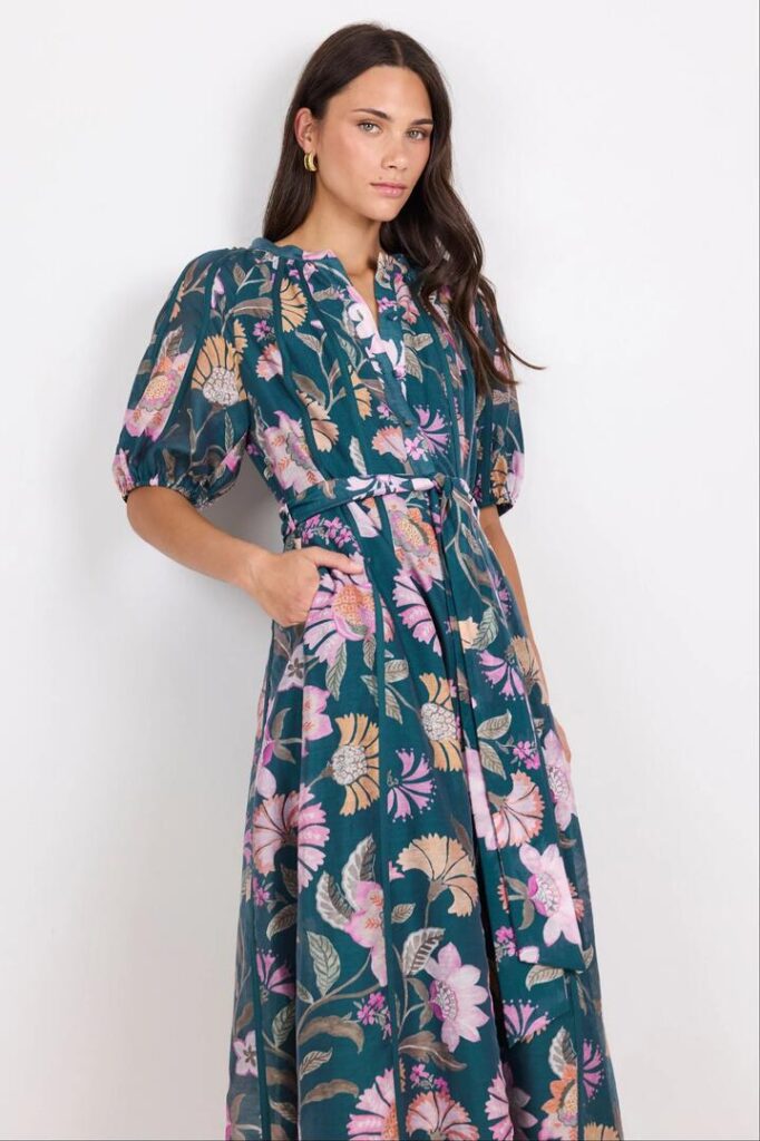 By Rosa. Intuition Petrol Scarf Print Puff Sleeve Maxi Shirt Dress