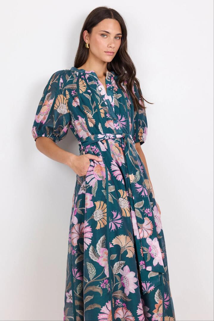 By Rosa. Intuition Petrol Scarf Print Puff Sleeve Maxi Shirt Dress