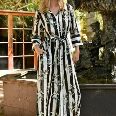 Coop Stripe A Pose Black Striped Olive Print SS Midi Shirt Dress