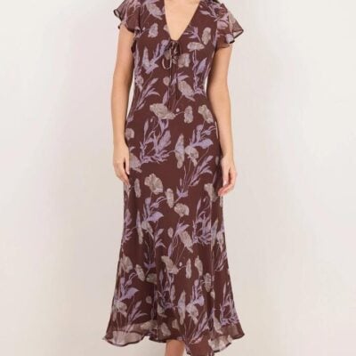 Georgia Zoe Admiration Chocolate Floral Georgette Flutter Sleeve Maxi Dress