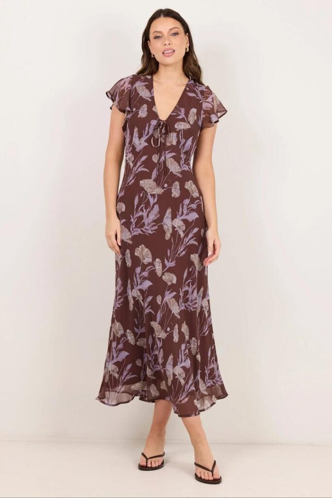 Georgia Zoe Admiration Chocolate Floral Georgette Flutter Sleeve Maxi Dress