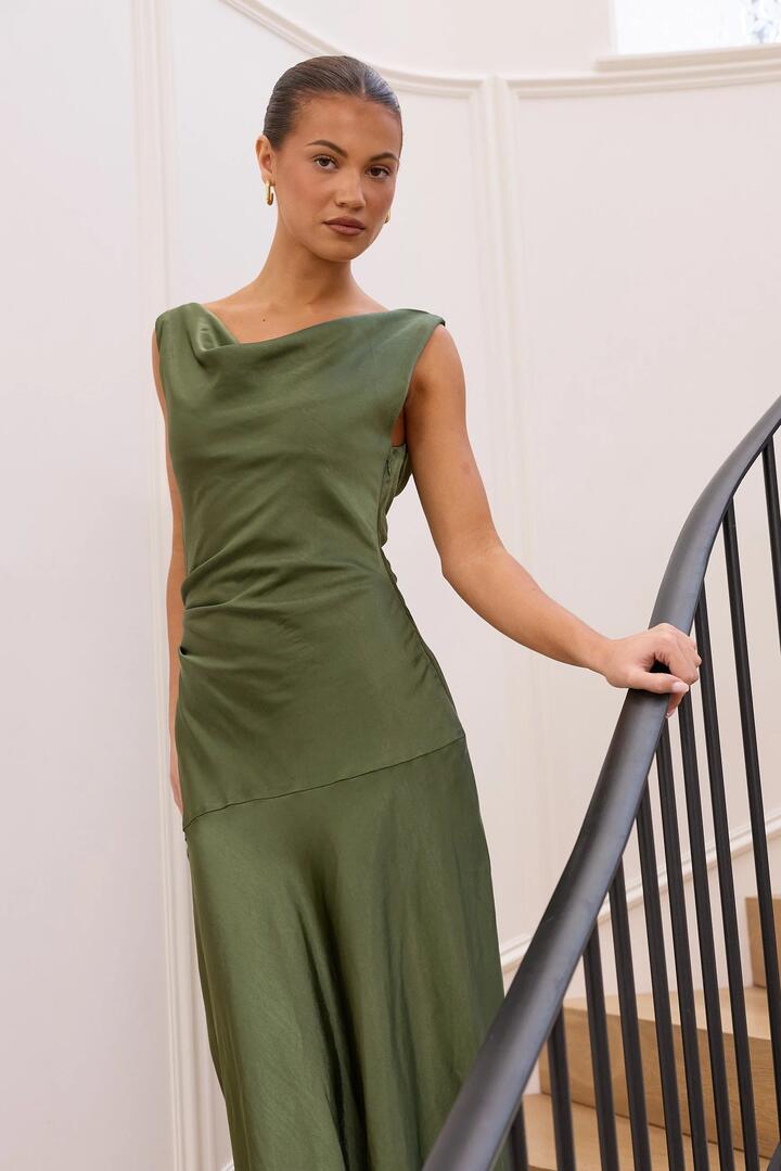 Georgia Zoe Bountiful Olive Satin Tie Back Bias Slip Maxi Dress