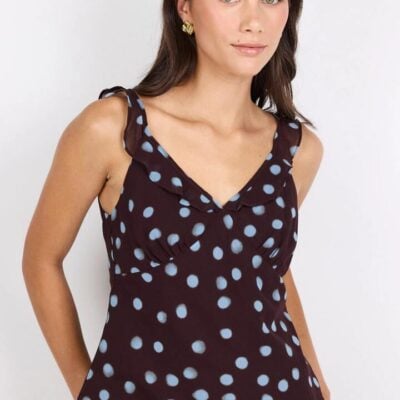 Georgia Zoe Crave Chocolate Blue Polka Dot Georgette Ruffle Neck Cami Top