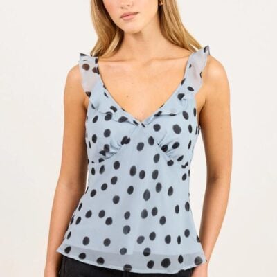 Georgia Zoe Crave Ice Blue Polka Dot Georgette Ruffle Neck Cami Top