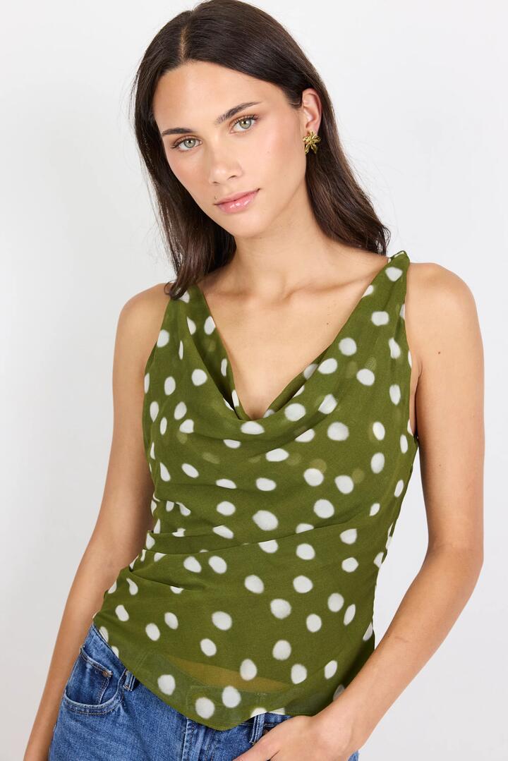 Georgia Zoe Fruitful Olive Polka Dot Georgette Tie Back Bias Slip Top