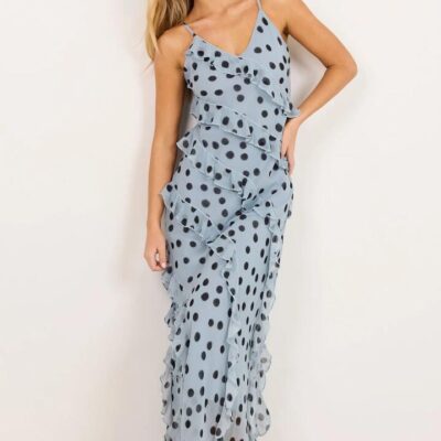 Georgia Zoe Galore Ice Blue Polka Dot Georgette Bias Ruffle Slip Maxi Dress