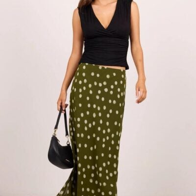 Georgia Zoe Jubilant Olive Polka Dot Georgette Pull On Bias Maxi Skirt