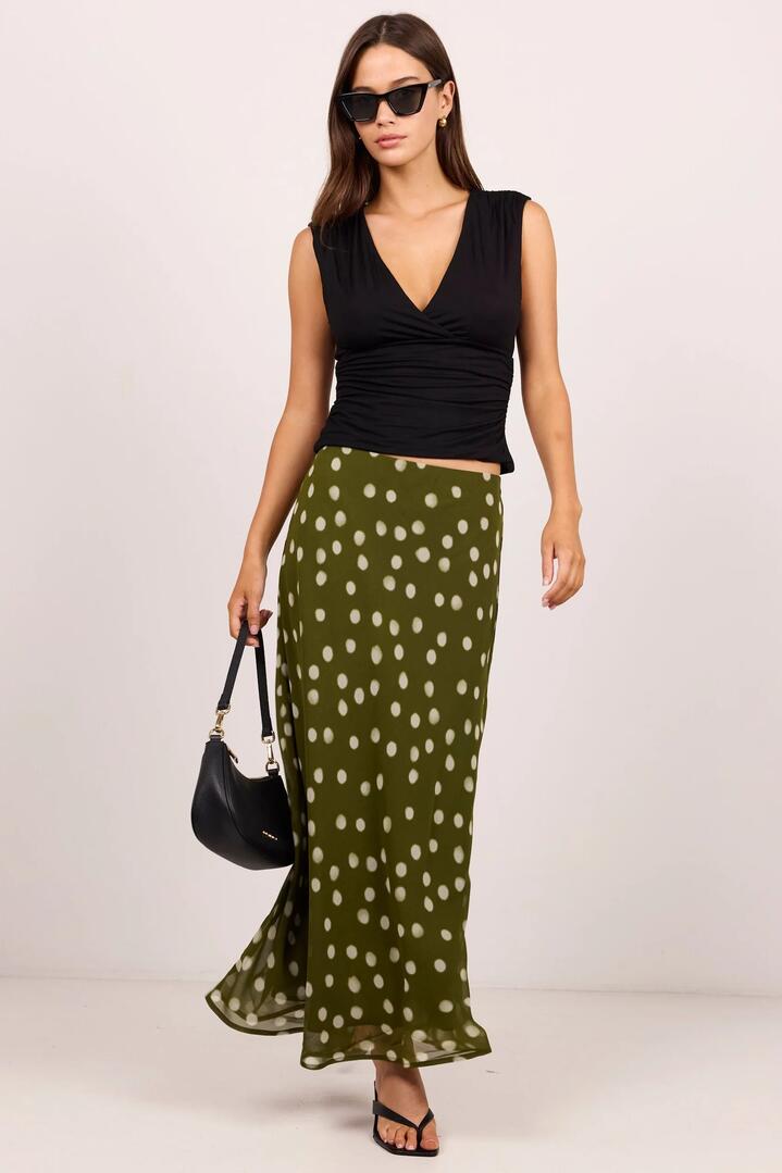 Georgia Zoe Jubilant Olive Polka Dot Georgette Pull On Bias Maxi Skirt