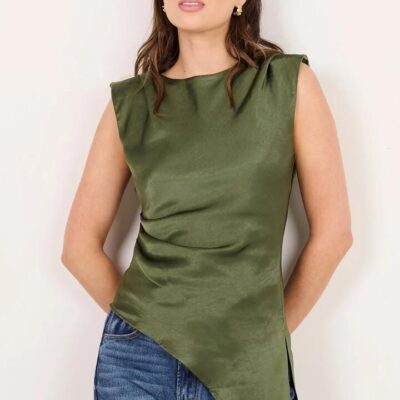Georgia Zoe Platform Olive Satin Asymmetric Bias Top