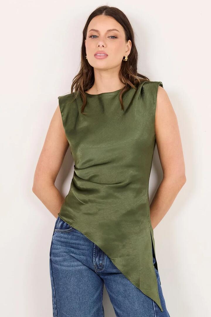 Georgia Zoe Platform Olive Satin Asymmetric Bias Top