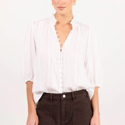 Ivy + Jack Continuance Ivory Self Stripe Button Through Mid Sleeve Top