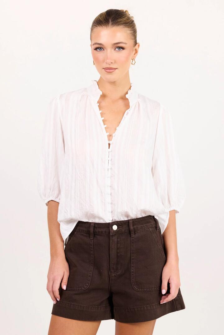 Ivy + Jack Continuance Ivory Self Stripe Button Through Mid Sleeve Top