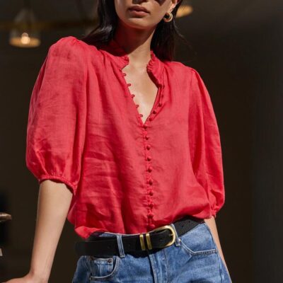 Ivy + Jack Continuance Red Ramie High Neck Buttoned SS Top