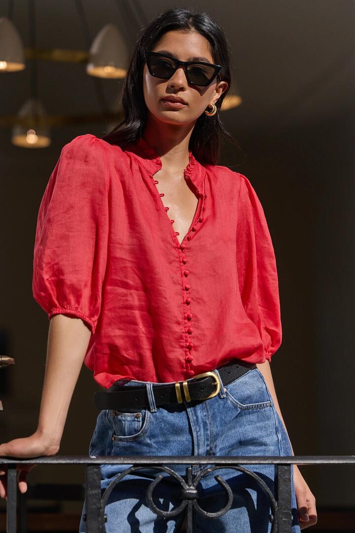 Ivy + Jack Continuance Red Ramie High Neck Buttoned SS Top