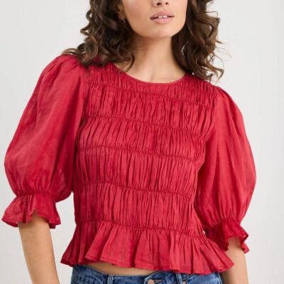 Ivy + Jack Melodic Red SS Shirred Body Top
