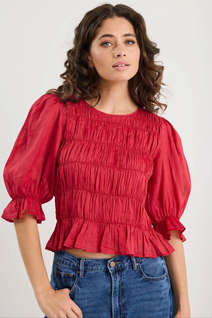 Ivy + Jack Melodic Red SS Shirred Body Top