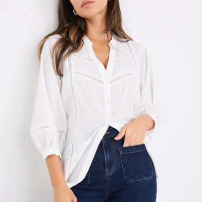 Ivy + Jack Ornamental White Lace Insert Pintuck SS Shirt