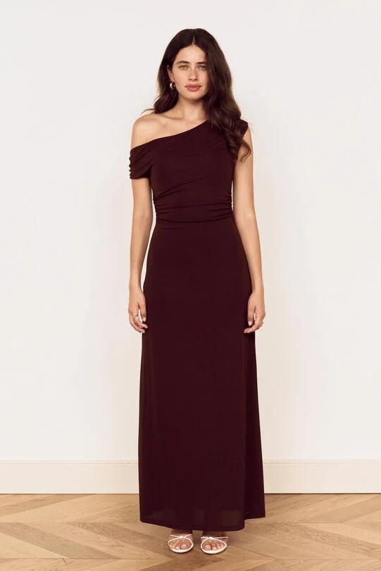 Mink Pink Aster Chocolate Off Shoulder Mesh Midi Dress