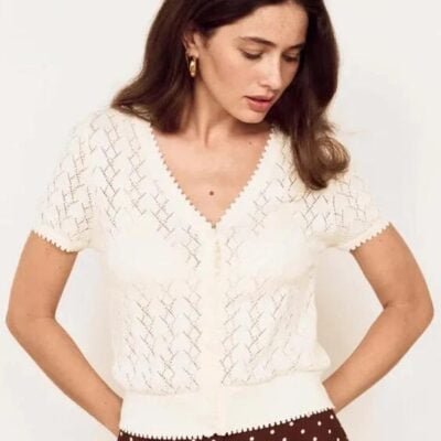Mink Pink Calla Ivory Cotton Knit Button Through SS Tee