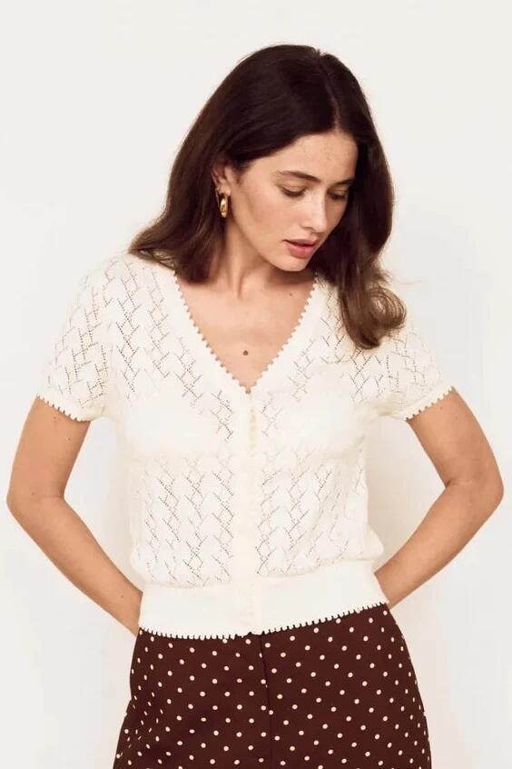 Mink Pink Calla Ivory Cotton Knit Button Through SS Tee