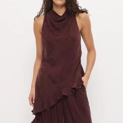 Mon Renn Eadie Chestnut Cowl Neck Asym Hem Ruffle Sleeveless Top