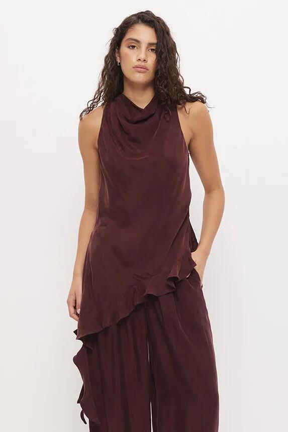 Mon Renn Eadie Chestnut Cowl Neck Asym Hem Ruffle Sleeveless Top