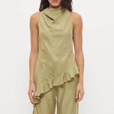Mon Renn Eadie Olive Cowl Neck Asym Hem Ruffle Sleeveless Top
