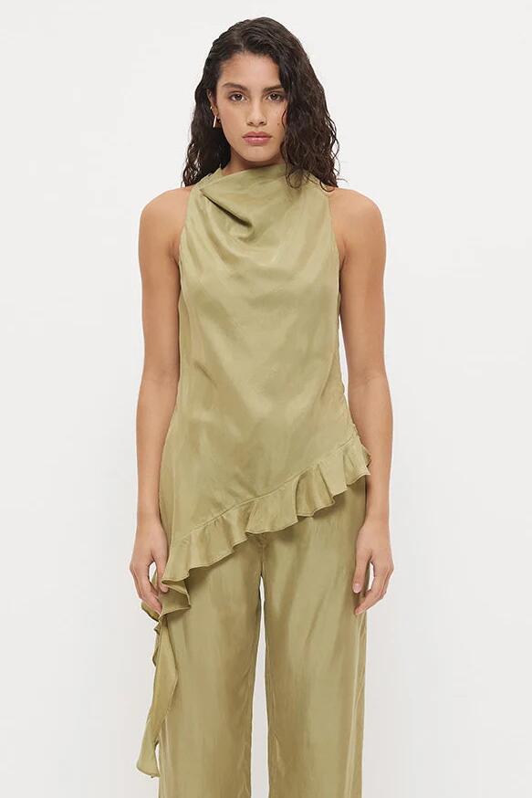 Mon Renn Eadie Olive Cowl Neck Asym Hem Ruffle Sleeveless Top