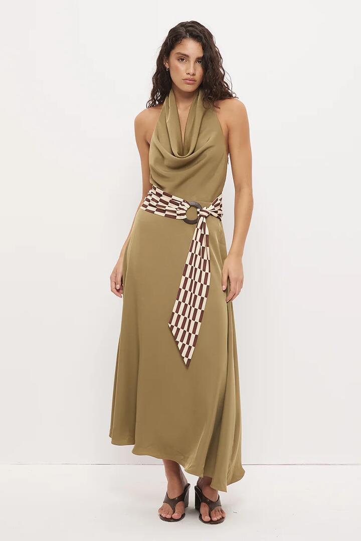 Mon Renn Essence Khaki Abstract Painterly Cowl Neck Belted Sleeveless Maxi Dress