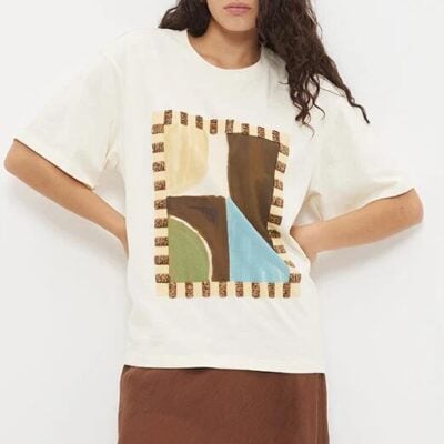 Mon Renn Essence White Abstract Painterly Oversized Beaded SS Tee