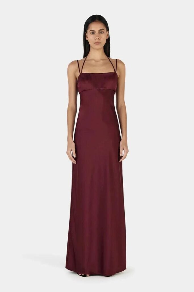 Ownley Talulah Burgundy Satin Strappy Maxi Dress