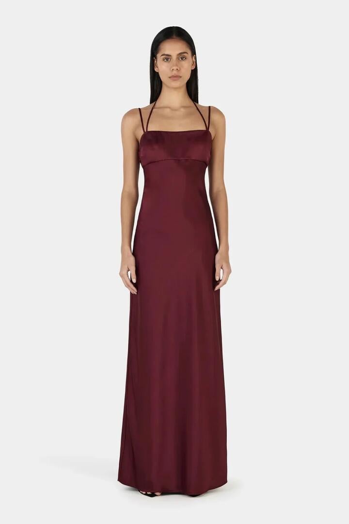 Ownley Talulah Burgundy Satin Strappy Maxi Dress