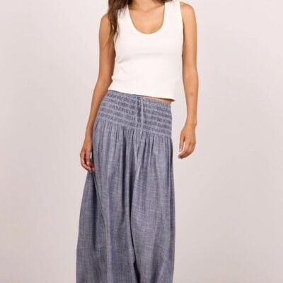 RE:UNION Label Byron Light Blue Chambray Shirred Waist Maxi Skirt