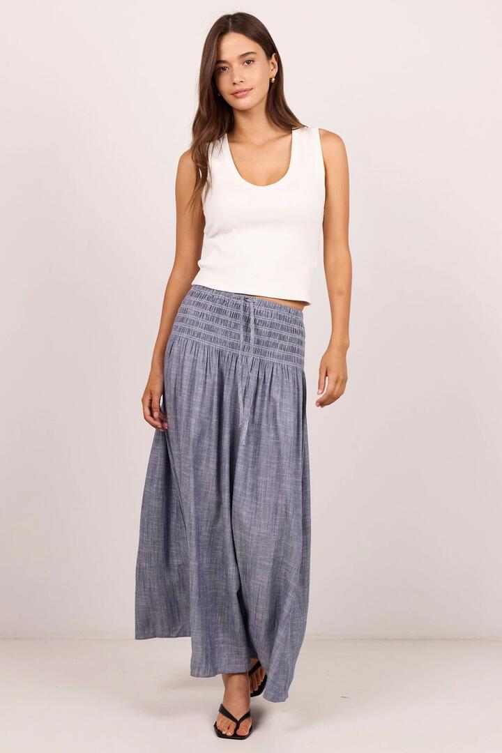 RE:UNION Label Byron Light Blue Chambray Shirred Waist Maxi Skirt