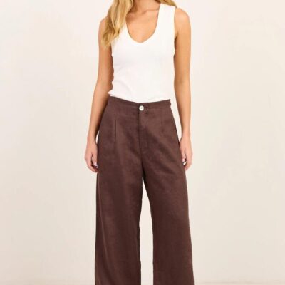 RE:UNION Label Curator Dark Chocolate Linen Pleat Front Wide Leg Pants