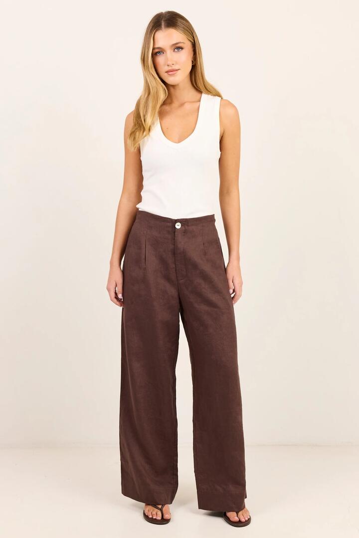 RE:UNION Label Curator Dark Chocolate Linen Pleat Front Wide Leg Pants