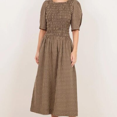 RE:UNION Label Nest Chocolate Gingham SS Shirred Bodice Midi Dress