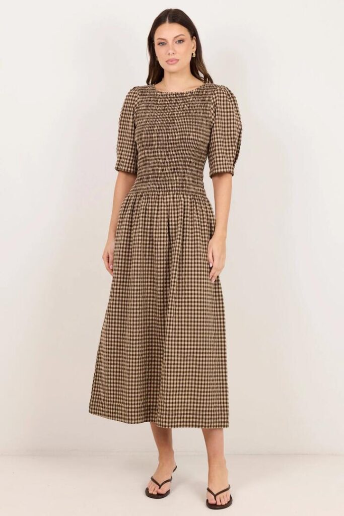 RE:UNION Label Nest Chocolate Gingham SS Shirred Bodice Midi Dress