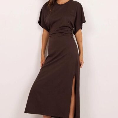 RE:UNION Label Pulse Chocolate Cotton Gathered Waist Detail Short Sleeve Dress