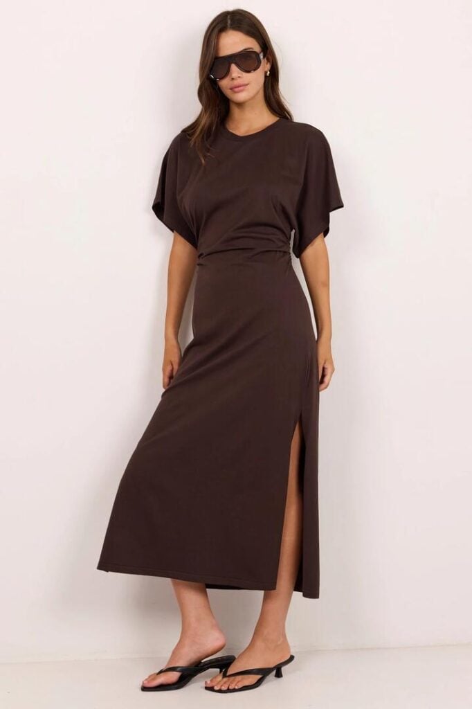 RE:UNION Label Pulse Chocolate Cotton Gathered Waist Detail Short Sleeve Dress